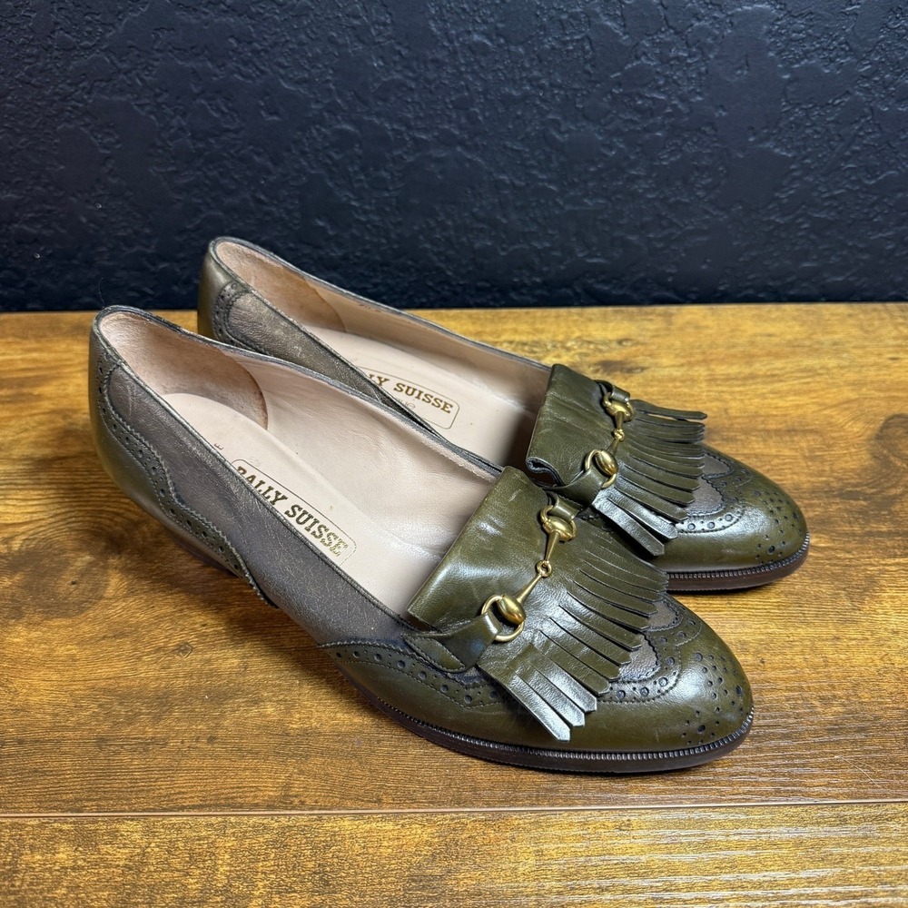 Bally Suisse Faraone U 3504 Olive Green Bronze Leather Heeled Loafers Womens 6.5